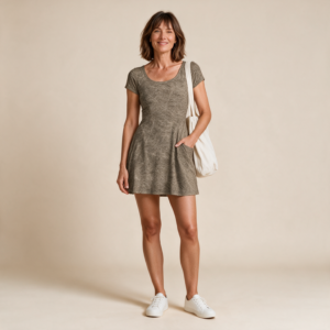 Woman wearing the Taupe Tweed Athletic Dress with Built-In Shorts by Creamy Cougar