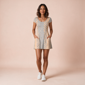 Woman wearing the Peach Chevron Athletic Dress with Built-In Shorts by Creamy Cougar