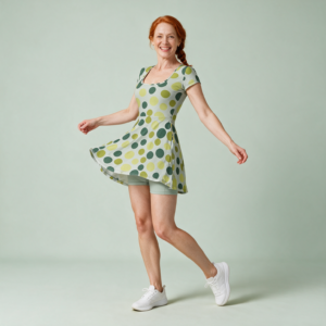 Woman wearing the Sage Polka Dot Athletic Dress with Built-In Shorts by Creamy Cougar