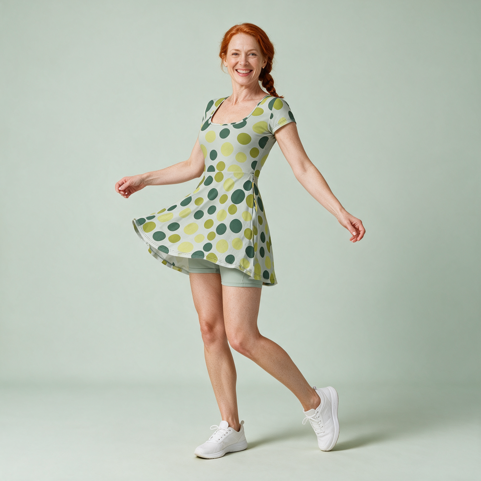 Woman wearing the Sage Polka Dot Athletic Dress with Built-In Shorts by Creamy Cougar