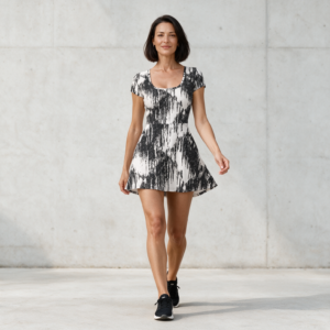 Woman wearing the Black & White Brushstroke Athletic Dress with Built-In Shorts by Creamy Cougar