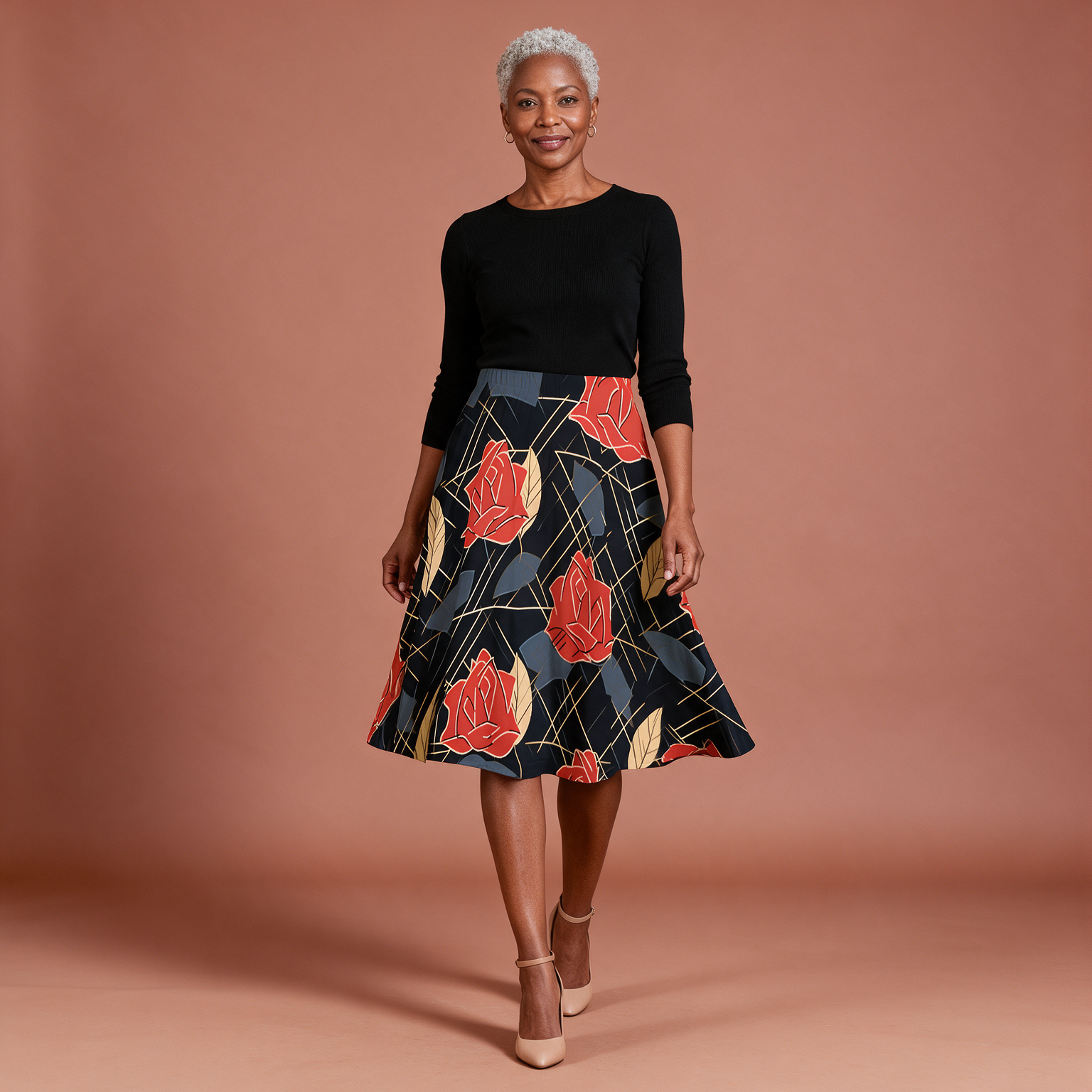 Woman wearing the Black & Red Floral Print Maxi Skirt with Pockets by Creamy Cougar