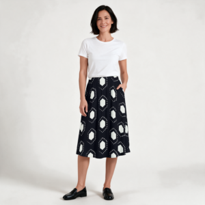 Woman wearing the Black Polka Dot Maxi Skirt with Pockets by Creamy Cougar