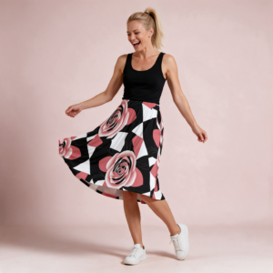 Woman wearing the Pink Rose Colorblock Print Maxi Skirt with Pockets by Creamy Cougar