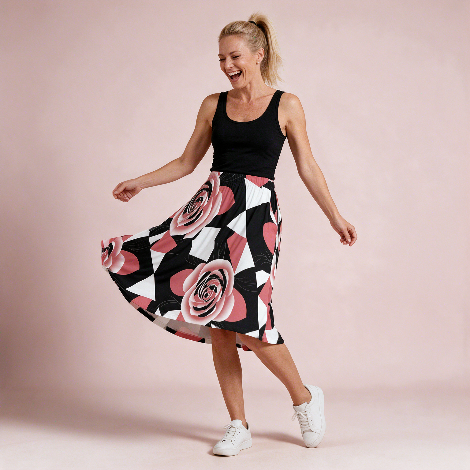 Woman wearing the Pink Rose Colorblock Print Maxi Skirt with Pockets by Creamy Cougar