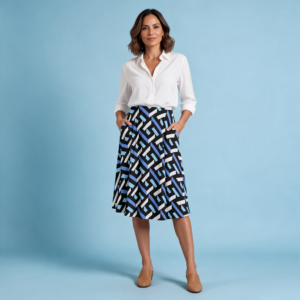 Woman wearing the Blue Geometric Print Maxi Skirt with Pockets by Creamy Cougar