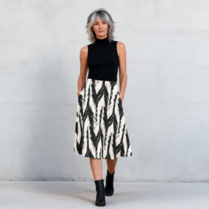 Woman wearing the Black & White Brushstroke Maxi Skirt with Pockets by Creamy Cougar