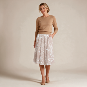 Woman wearing the Ivory Marble Maxi Skirt with Pockets by Creamy Cougar