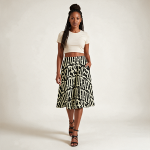 Woman wearing the Black Tribal Print Maxi Skirt with Pockets by Creamy Cougar