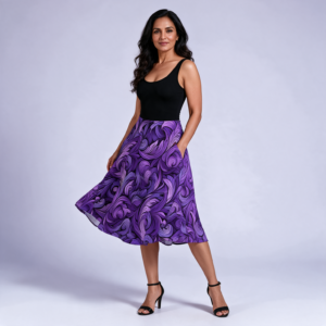 Woman wearing the Deep Purple Swirl Maxi Skirt with Pockets by Creamy Cougar