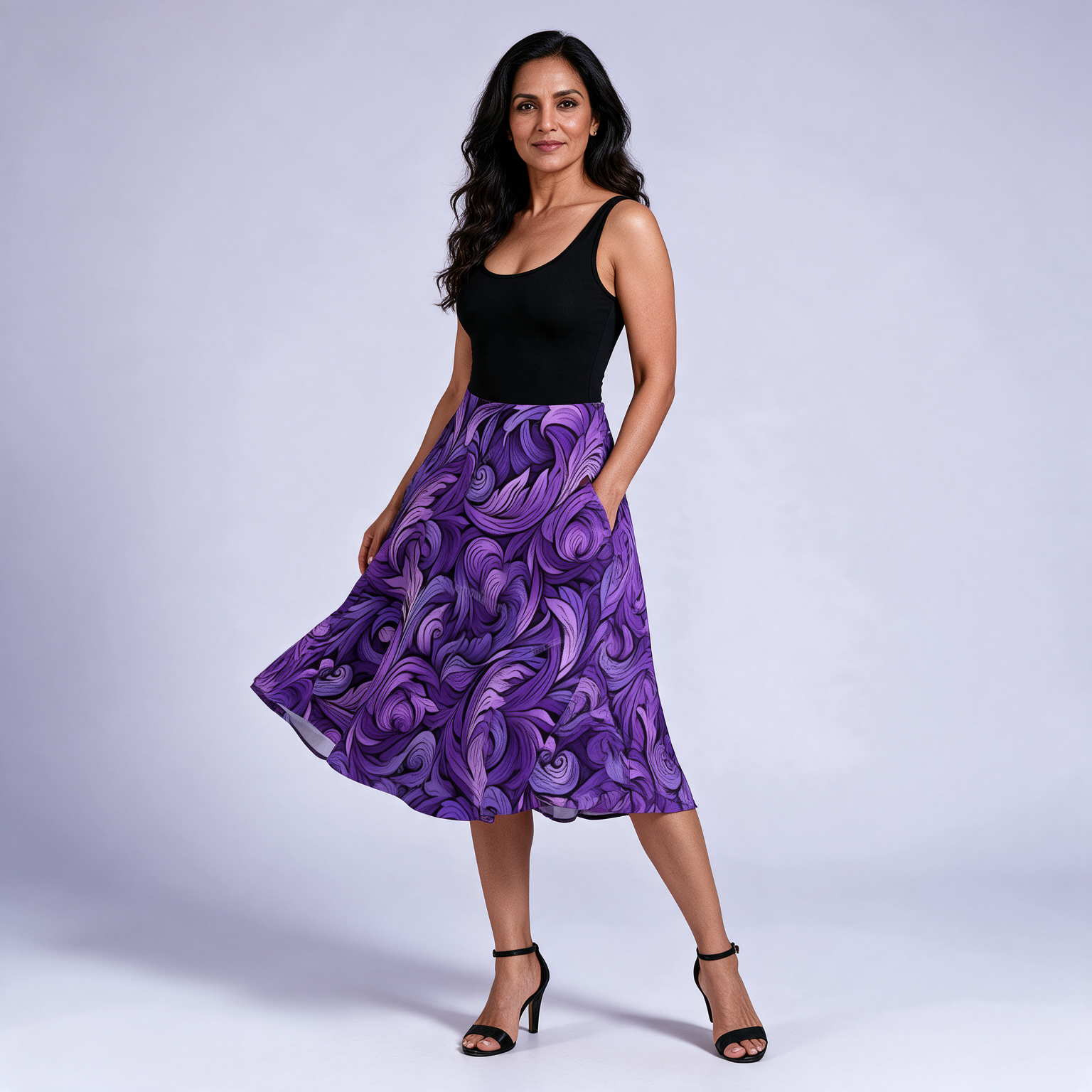Woman wearing the Deep Purple Swirl Maxi Skirt with Pockets by Creamy Cougar