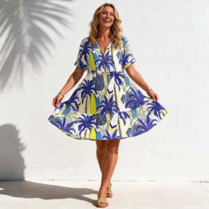 Woman wearing the Blue Palm Print V-Neck A-Line Dress by Creamy Cougar