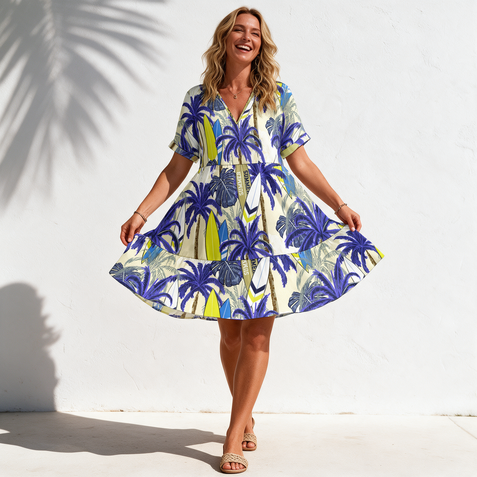 Blue Palm Print V-Neck A-Line Dress