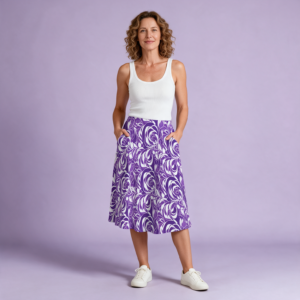 Woman wearing the Lavender Swirl Maxi Skirt with Pockets by Creamy Cougar