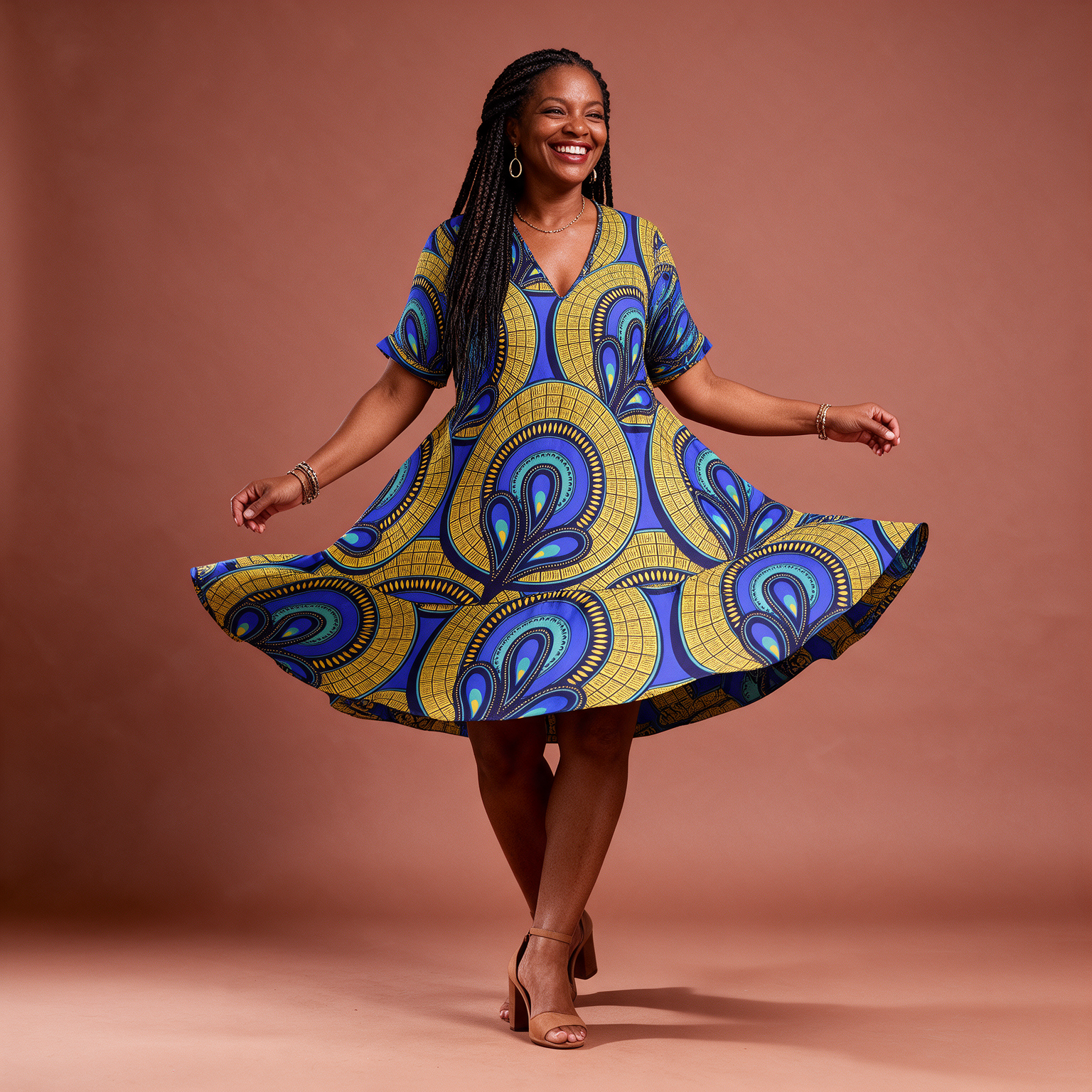 Blue & Gold African Print V-Neck A-Line Dress