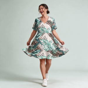 Woman wearing the Mint Tropical Leaf Print V-Neck A-Line Dress by Creamy Cougar