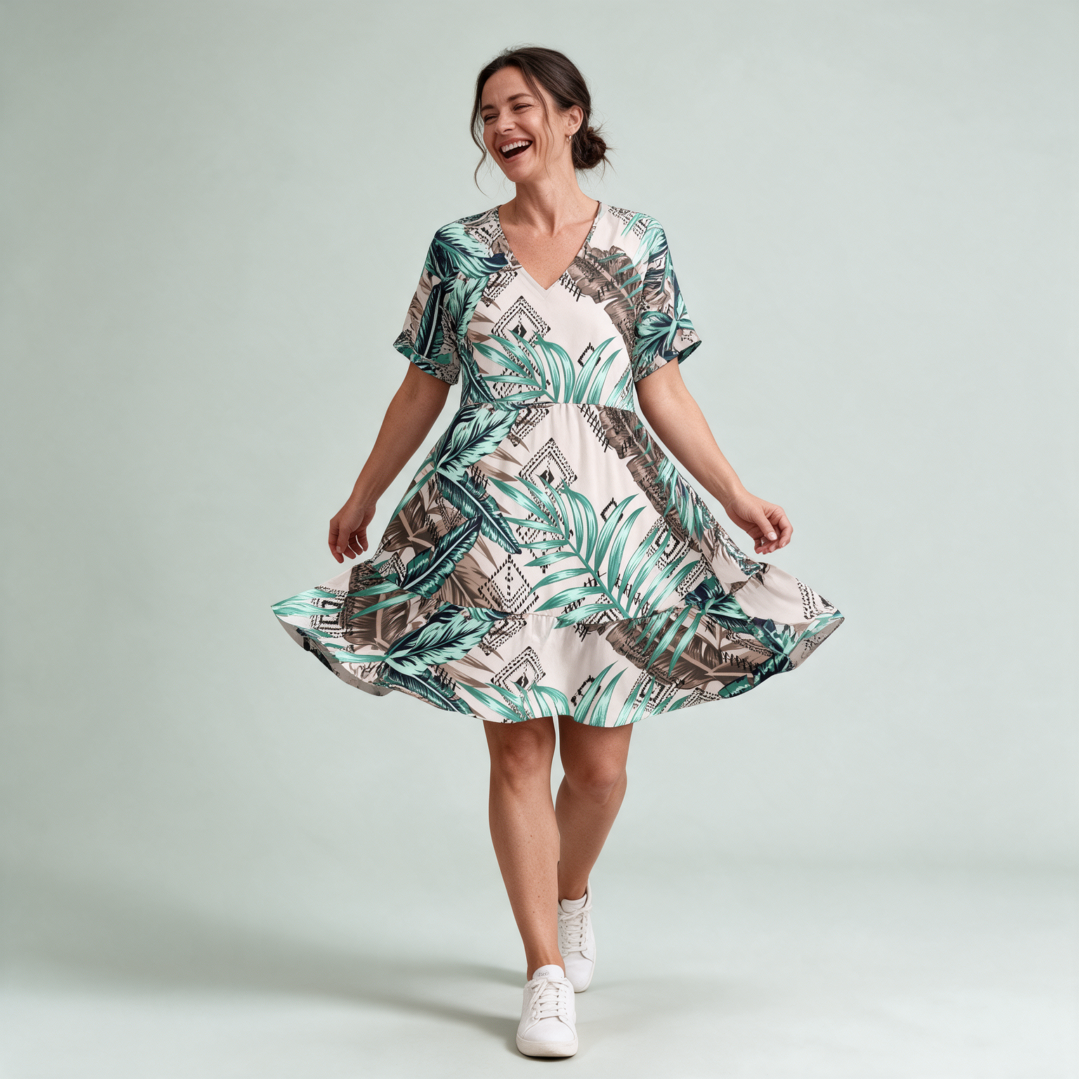 Mint Tropical Leaf Print V-Neck A-Line Dress