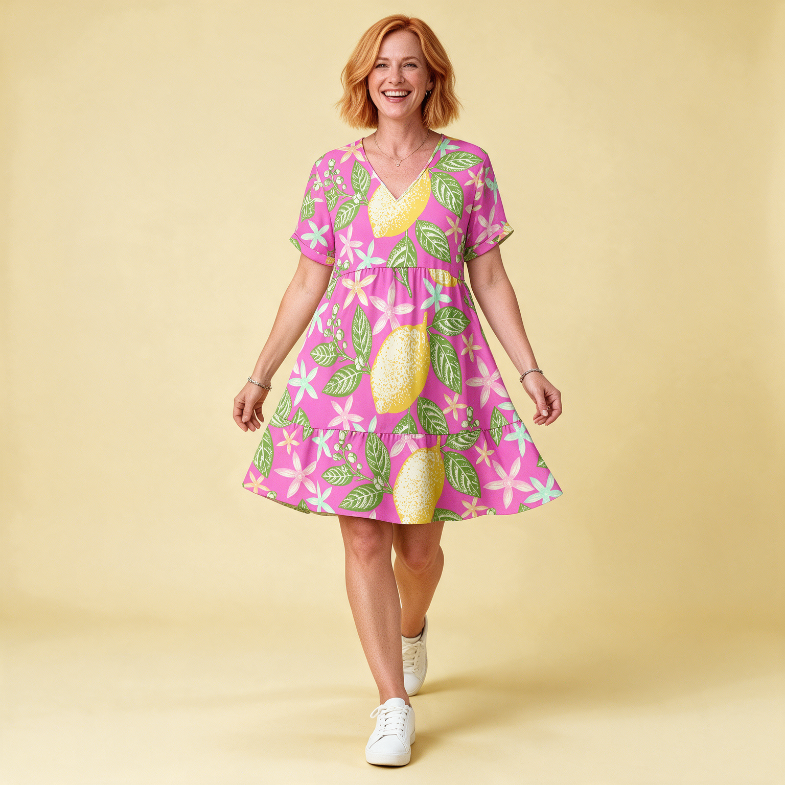 Pink Lemon Print V-Neck A-Line Dress