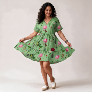Woman wearing the Green Floral Print V-Neck A-Line Dress by Creamy Cougar