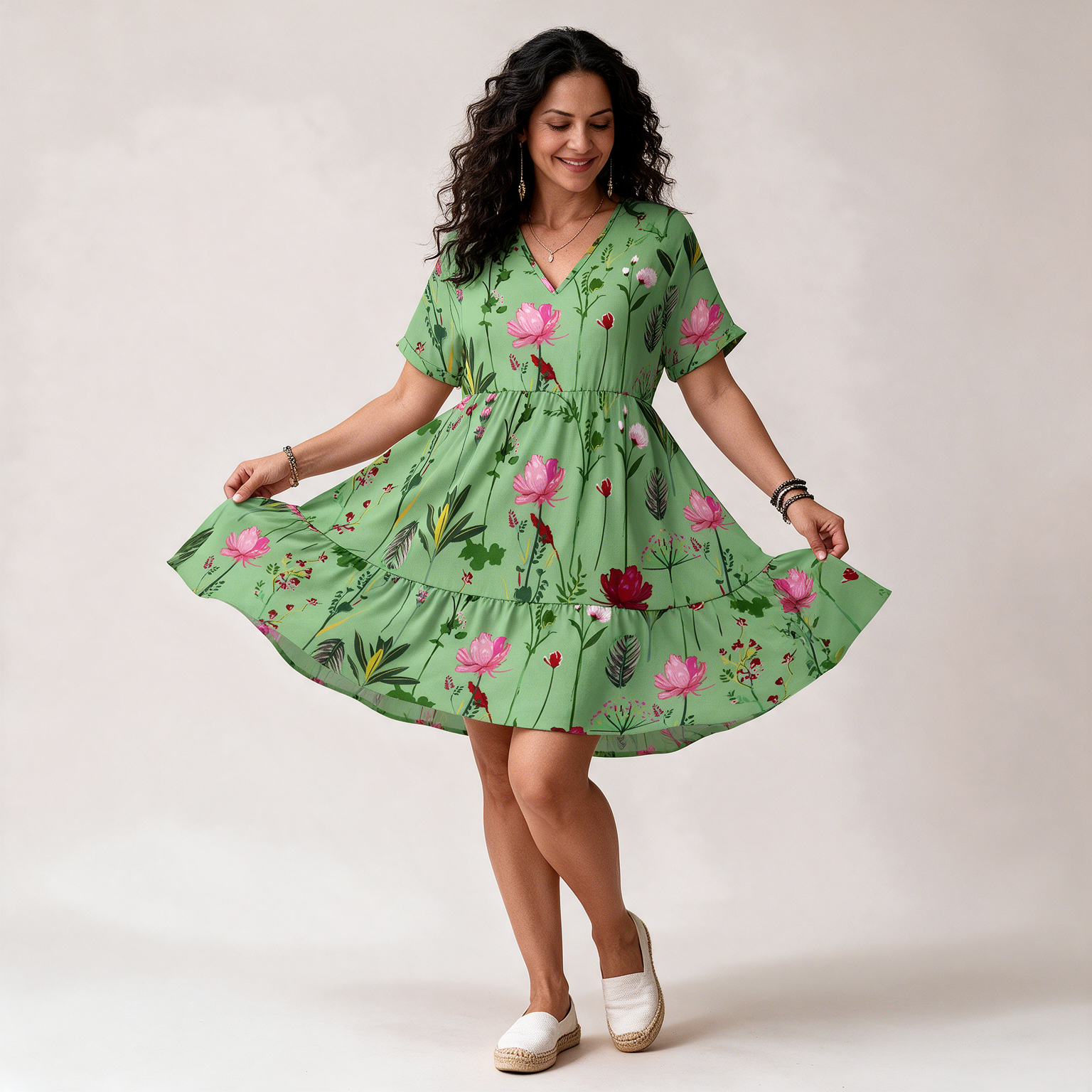 Green Floral Print V-Neck A-Line Dress