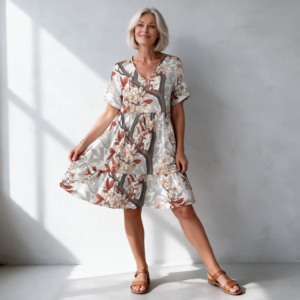 Woman wearing the Ivory Botanical Print V-Neck A-Line Dress by Creamy Cougar