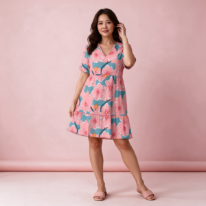 Woman wearing the Pink Tropical Floral Print V-Neck A-Line Dress by Creamy Cougar