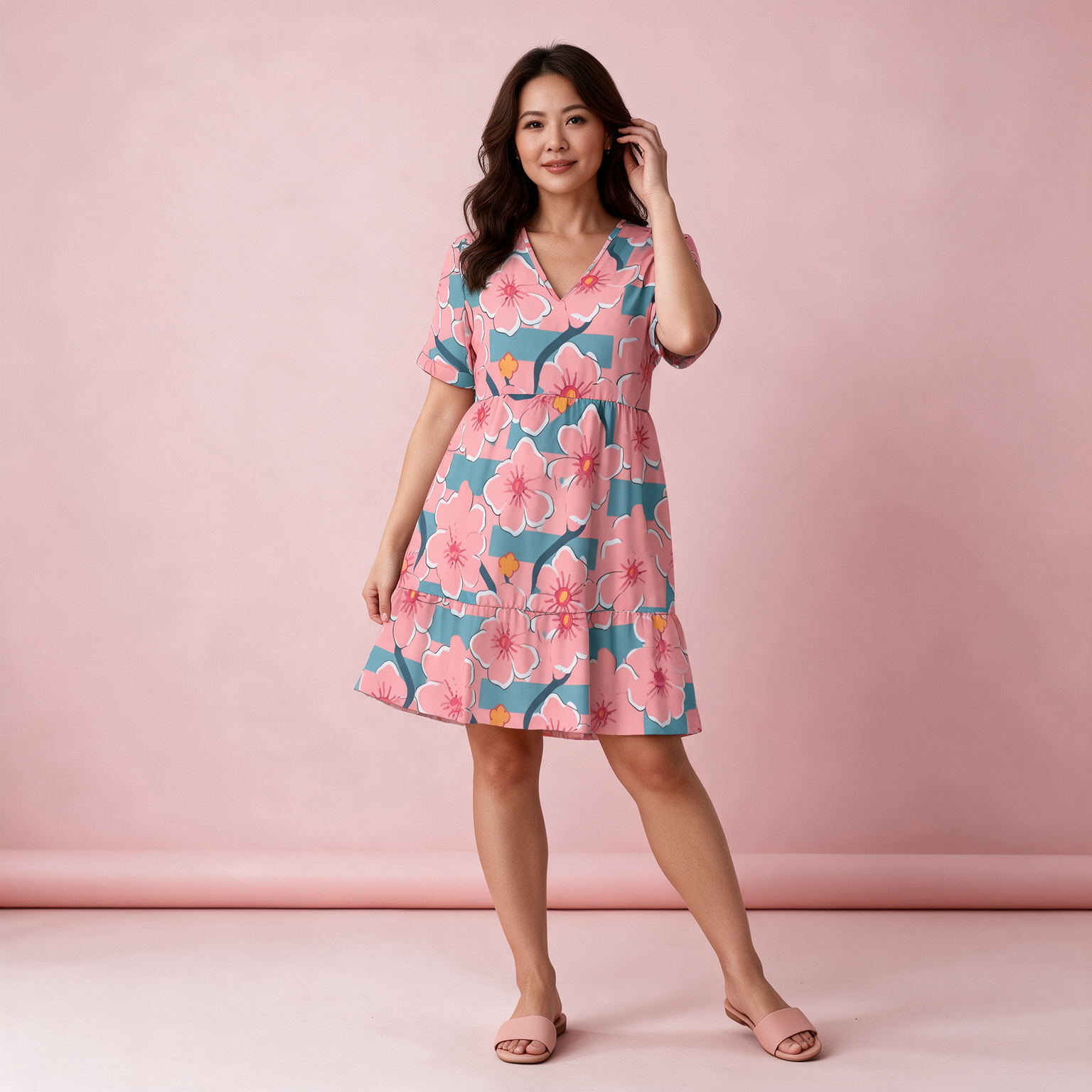 Pink Tropical Floral Print V-Neck A-Line Dress