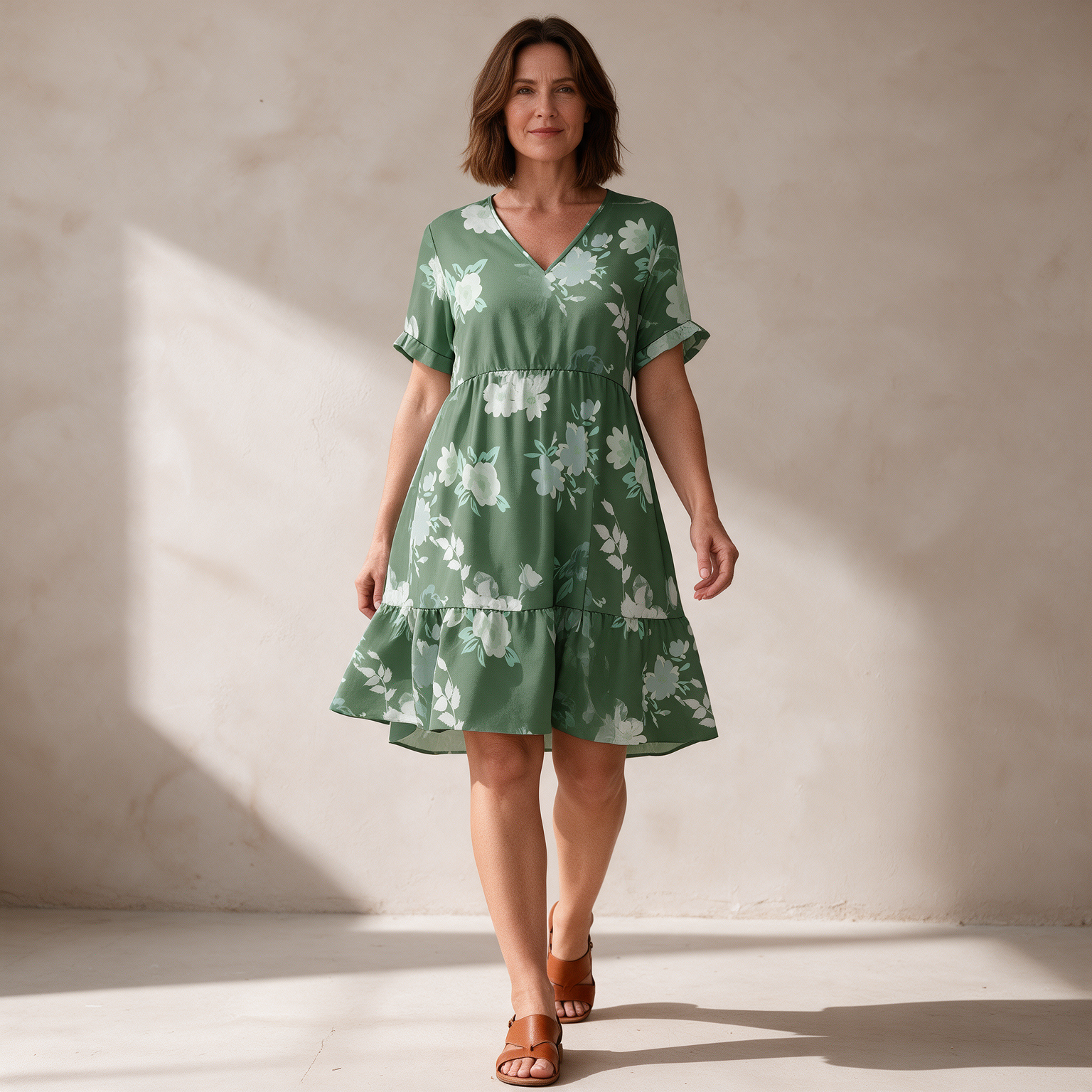Sage Botanical Print V-Neck A-Line Dress
