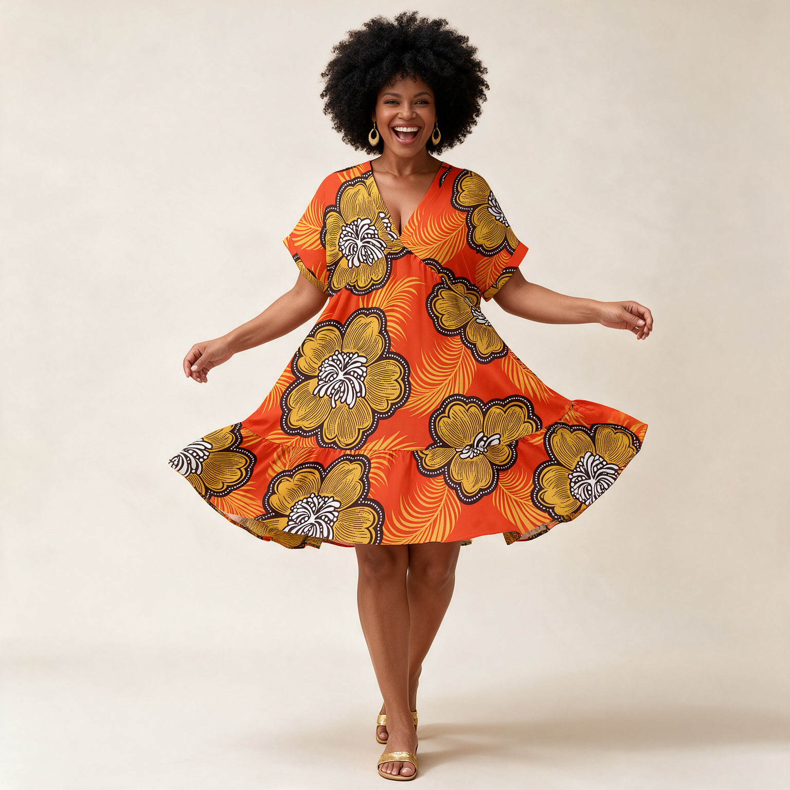 Orange African Floral Print V-Neck A-Line Dress