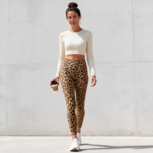 Woman wearing the Brown Leopard Print High-Waist Leggings by Creamy Cougar