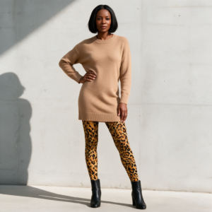 Woman wearing the Golden Leopard Print High-Stretch Tights by Creamy Cougar