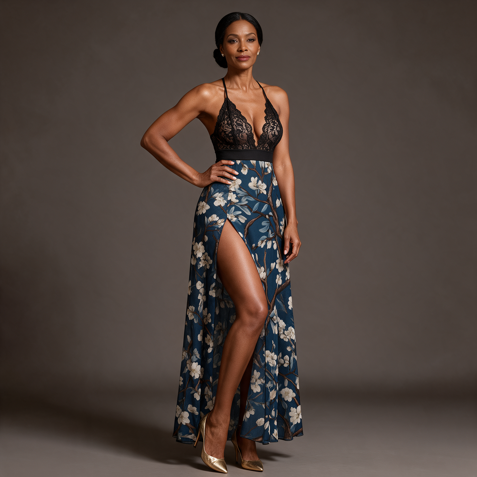 Navy Floral Print Mesh Lace Maxi Evening Dress