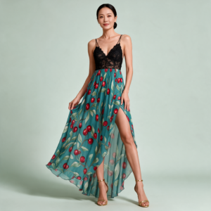 Woman wearing the Teal Tropical Print Mesh Lace Maxi Evening Dress by Creamy Cougar