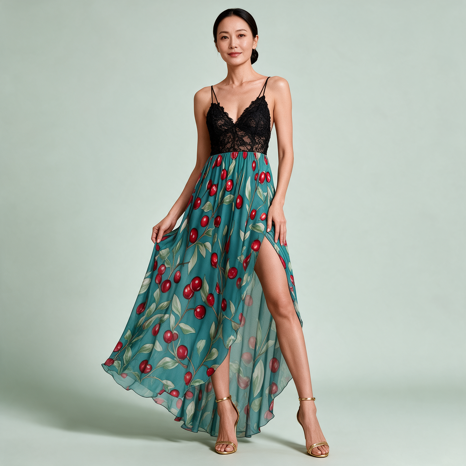 Teal Tropical Print Mesh Lace Maxi Evening Dress