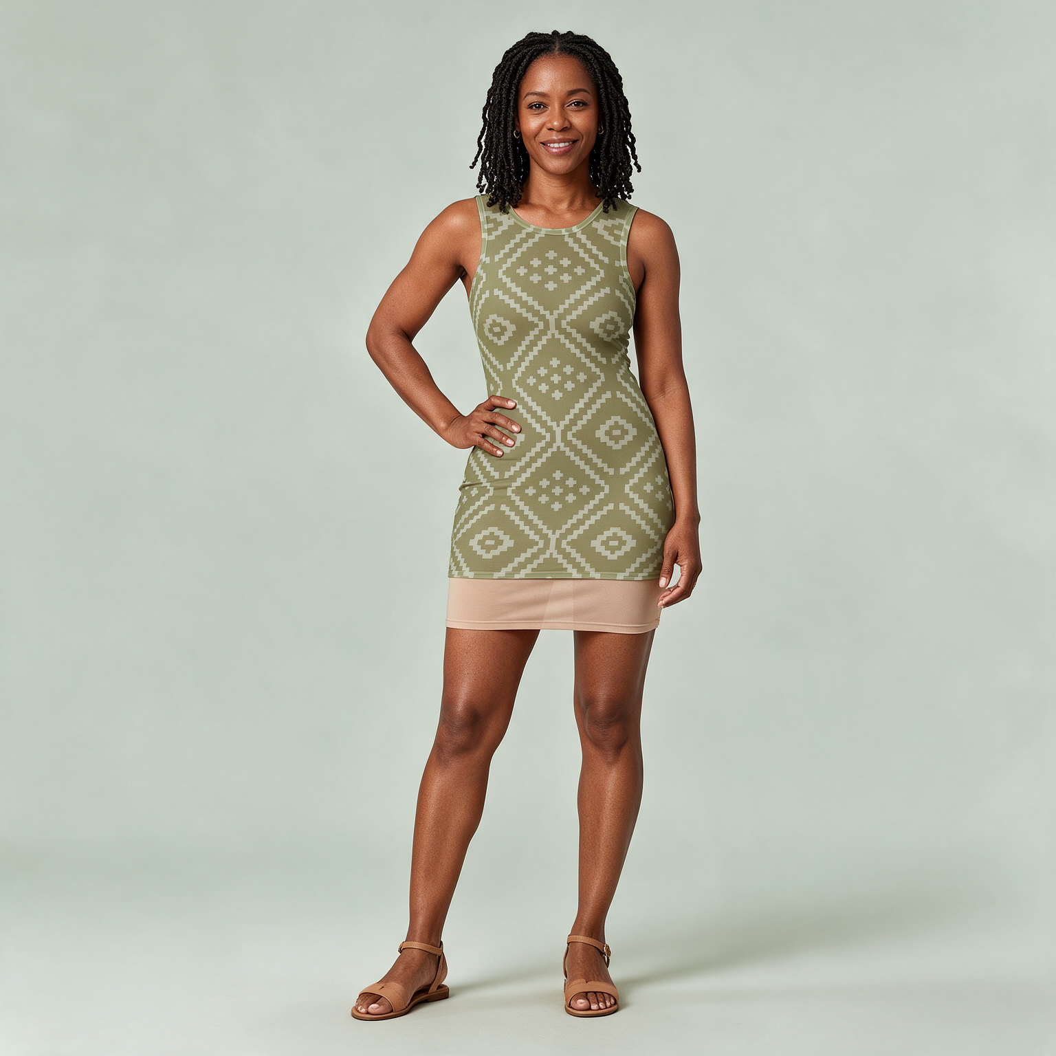 Woman wearing the Olive Diamond Print Sheer Mesh Bodycon Dress by Creamy Cougar