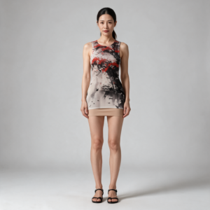 Woman wearing the Red & Black Ink Floral Print Sheer Mesh Bodycon Dress by Creamy Cougar