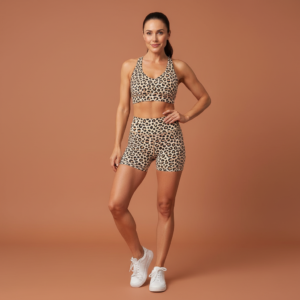 Woman wearing the Leopard Print Sports Bra & Shorts Set by Creamy Cougar