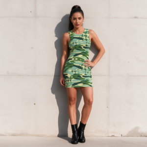 Woman wearing the Green Camo Sheer Mesh Bodycon Dress by Creamy Cougar