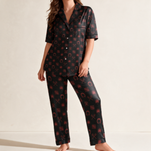 Woman wearing the Espresso Floral Print Satin Pajama Set by Creamy Cougar
