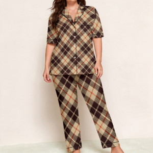 Woman wearing the Camel Plaid Print Satin Pajama Set by Creamy Cougar