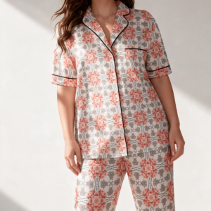 Woman wearing the Blush Floral Tile Print Satin Pajama Set by Creamy Cougar