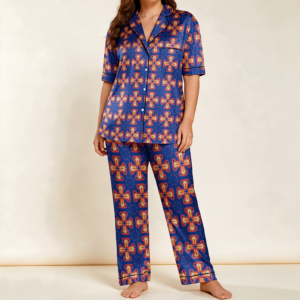 Woman wearing the Cobalt Coral Medallion Print Satin Pajama Set by Creamy Cougar
