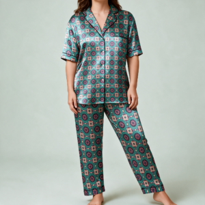 Woman wearing the Teal Plaid Medallion Print Satin Pajama Set by Creamy Cougar