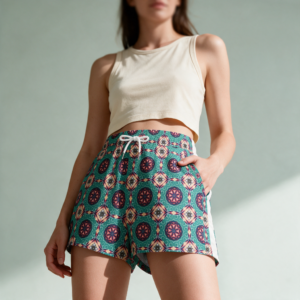 Woman wearing the Jade Coral Tile Print Casual Shorts by Creamy Cougar