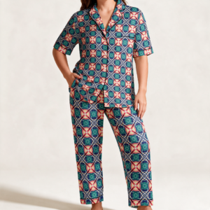 Woman wearing the Teal Coral Medallion Print Satin Pajama Set by Creamy Cougar