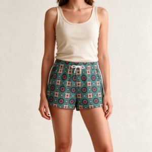 Woman wearing the Emerald Teal Tile Print Casual Shorts by Creamy Cougar