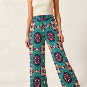 Woman wearing the Emerald Coral Medallion Print Wide Leg Pants by Creamy Cougar