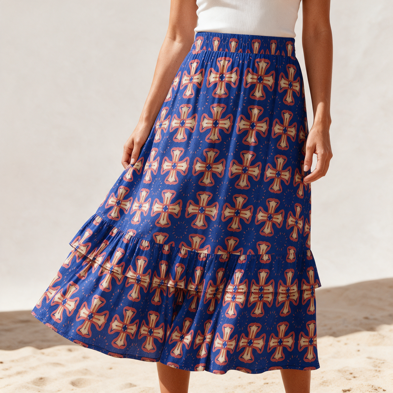 Woman wearing the Copper Medallion Print Tiered Ruffle Maxi Skirt by Creamy Cougar