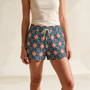 Woman wearing the Emerald Coral Mosaic Print Casual Shorts by Creamy Cougar