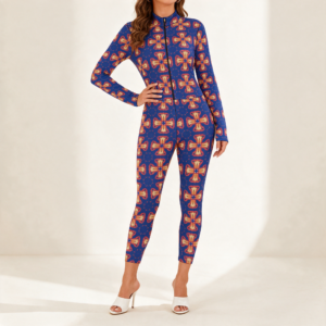 Woman wearing the Indigo Starburst Print Long Sleeve High-Neck Jumpsuit by Creamy Cougar